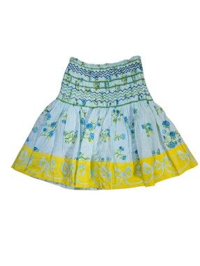 Mary Marshmallow Smocked Mini Skirt Light Blue Yellow Bows Floral Size S